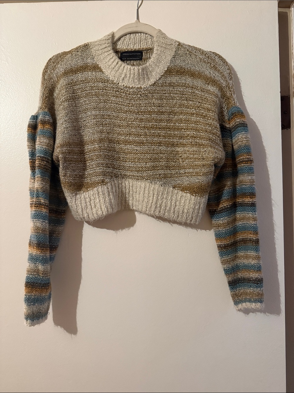 Urban Outfitters Cropped Striped Crewneck Sweater - Cream, Blue & Brown